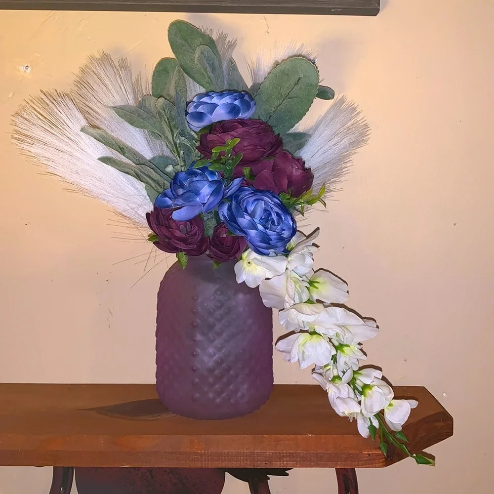 Hand Crafted- Silk floral arrangement with purple textured vase